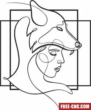 One line girl with wolf headdress wall art - Download free dxf for cnc plasma cutting