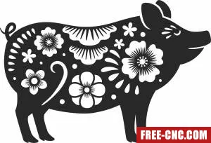 Porc with flowers clipart - Free dxf files ready to cut