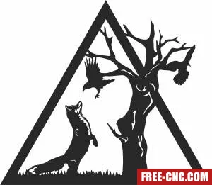 Wolf hunting bird under tree cliparts - Free dxf for laser cutting and plasma