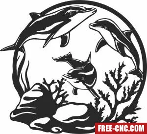 Oceon dolphins scene wall art - Free dxf files ready to cut