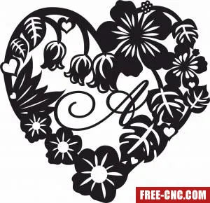 Floral heart love sign with letter monogram - free dxf download