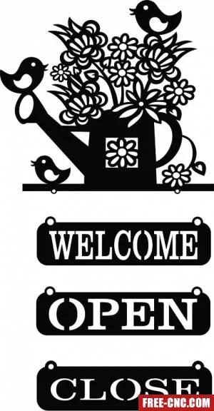 Welcome open close sign watering can with flower and birds - free dxf download