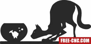 Cat looking at goldfish in fishbowl - Download free dxf for cnc plasma cutting