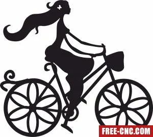 Girsl with her bicycle clipart - Download free dxf for cnc plasma cutting