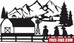 Farm scene cowboy mountain scenery - Free dxf download