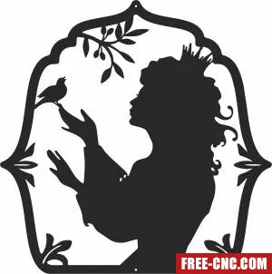 Princess with bird frame silhouette cliparts - Download free dxf for cnc plasma cutting