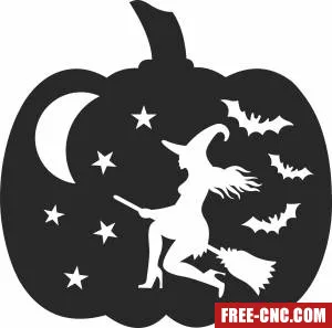 Halloween pumpkin witch flying silhouette - Download free dxf for cnc plasma cutting