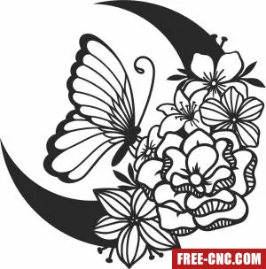 Butterfly on floral moon clipart - Free dxf for laser cutting and plasma