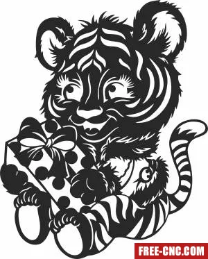 Cute tiger with gift clipart - Free dxf for laser cutting and plasma