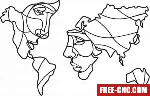 Faces of world map line drawing - Free dxf download