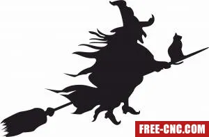 Halloween witch and her cat on a broomstick flying - free dxf download