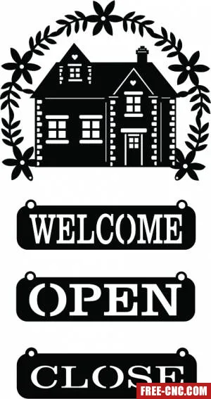 House welcome sign open close store - free dxf download