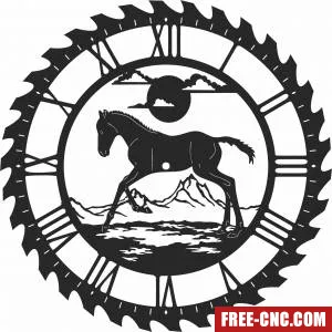 Horse scene saw wall vinyl clock - Download free dxf for cnc plasma cutting