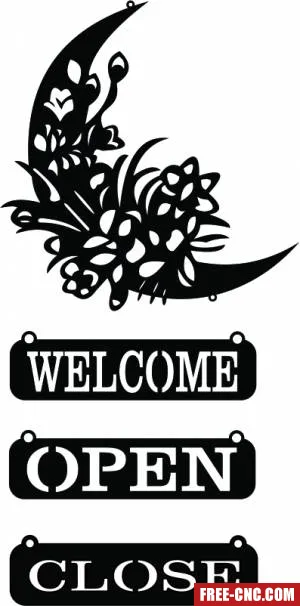 Floral moon welcome-open-close sign - free dxf download