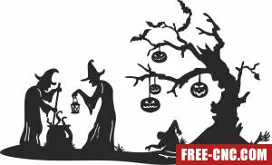 Halloween scenery witches scene - Free dxf files ready to cut