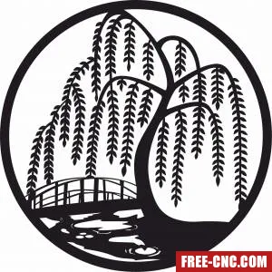 Scene with willow tree river art - Download free dxf for cnc plasma cutting