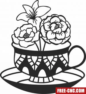 Flowers tea cup wall decor - Free dxf files ready to cut