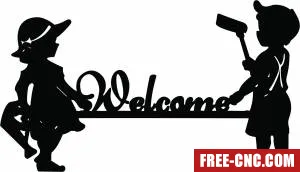 Welcome sign cute girl and boy - free dxf download