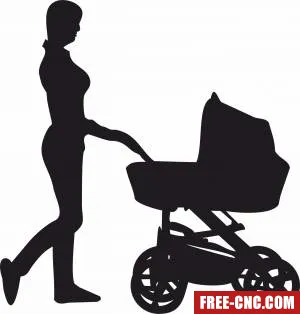 Mum pushing pram stroller family silhouette - free dxf download