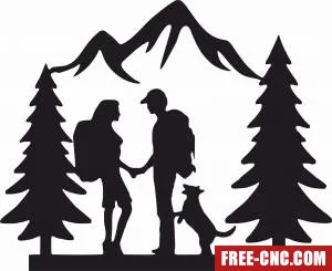 Hiking scene couple with dog - free dxf download