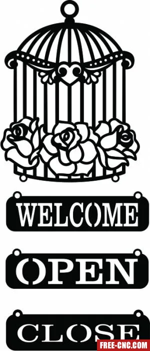 Welcome sign with bird cage open close sign - free dxf download