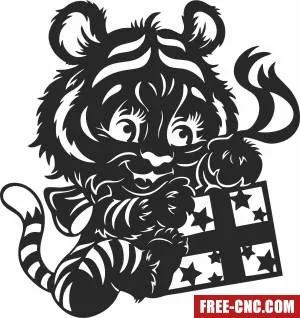 Cute tiger with gift clipart - Download free dxf for cnc plasma cutting