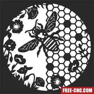 Bee hive with flower wall art - Free dxf download