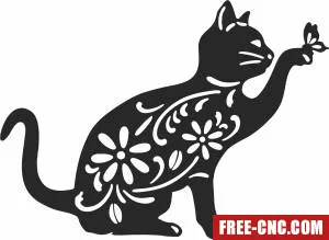 Floral cat with butterfly clipart - Download free dxf for cnc plasma cutting