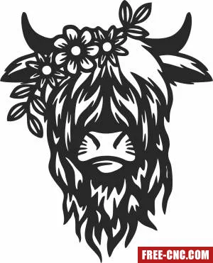 Highland cow with flower - Free dxf for laser cutting and plasma