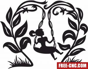 Girl on swing silhouette floral art - Free dxf files ready to cut